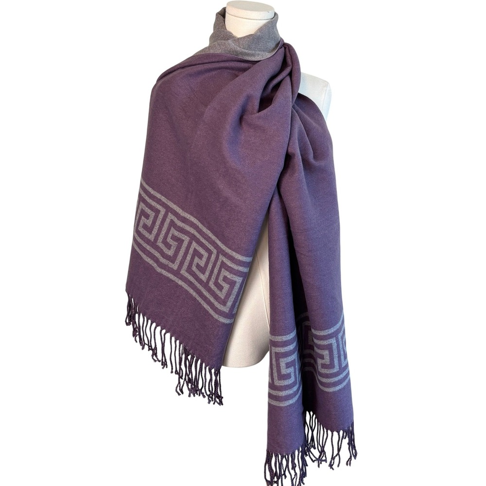 Alpaca Wool Scarf Purple Grey Greek Key Reversible Wrap OS Peru Fringe Shawl‎